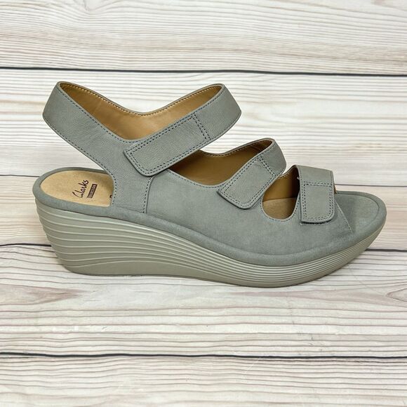 Clarks Reedly Juno Wedge Sandals Womens 8W Sage Nubuck Leather Triple Strap Shoe - Picture 7 of 15